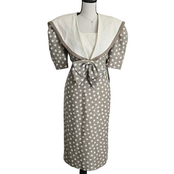 St. Gillian Dresses & Skirts - St. Gillian VTG Silk Polka Dot Midi Dress 12 Puff Sleeves Bow Collar Retro 80s